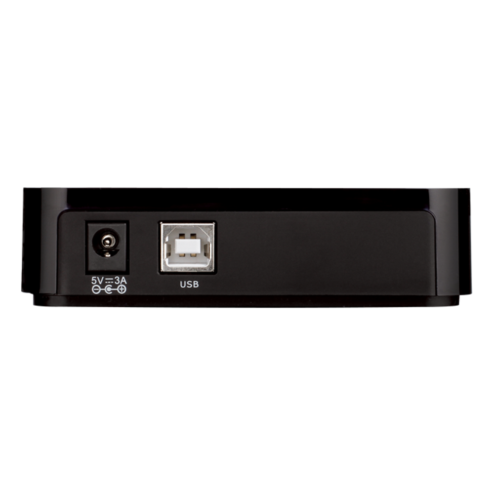 Black USB hub with power input and USB port on the rear panel