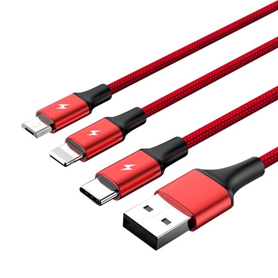 UNITEK_1.2m_USB_3-in-1_Charge_Cable._Integrated_USB-A_to_Micro-B,_Lightning_Connector_&_USB-C_Connector._Red_Colour. 379