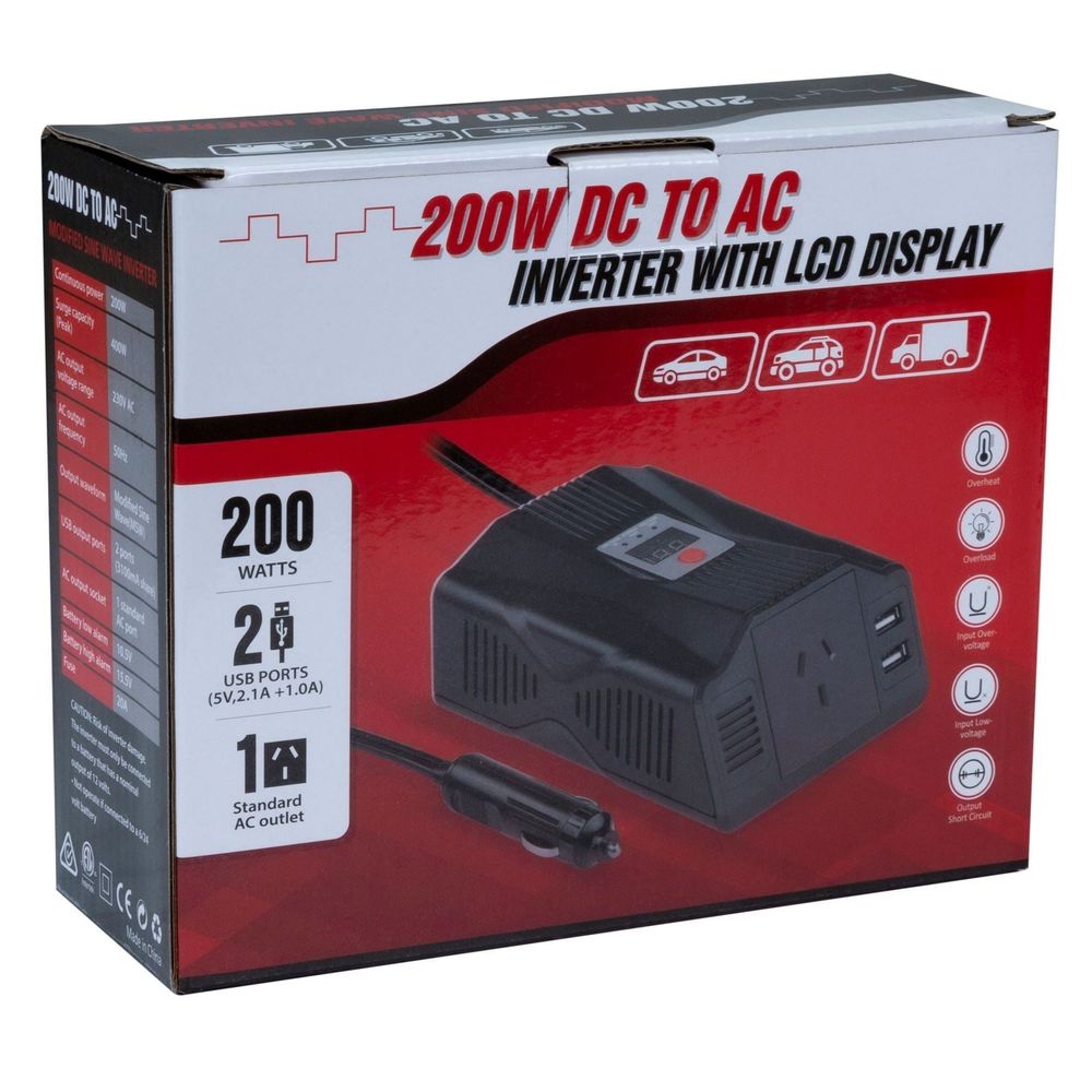 DYNAMIX_200W_Power_Inverter_DC_to_AC._Input:_12V_DC,_Output:_230V_AC_Modified_Sine_Wave,_Incorporates_Two_USB_power_ports:_2.1A_&_1A._High/Low_Voltage_and_Overload 208