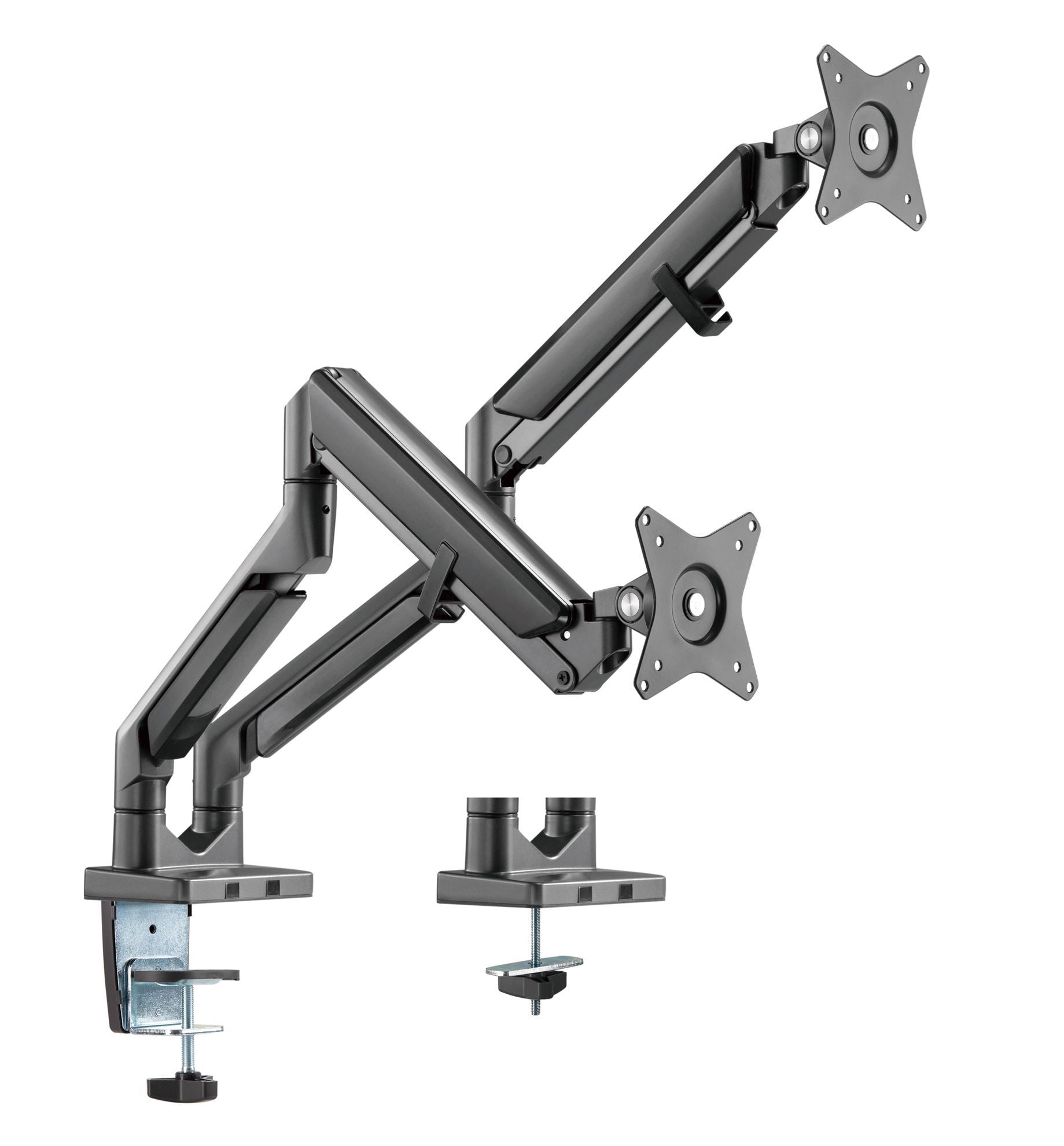BRATECK 17''-32'' Polished Aluminium Gas-Spring Desk Mount Duel Monitor Arm. Supports VESA up to 100x100