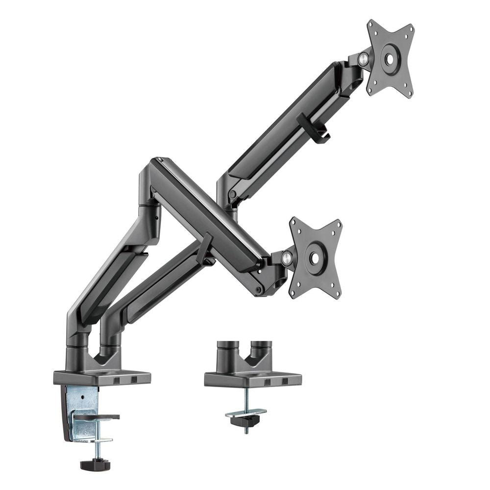 BRATECK 17''-32'' Polished Aluminium Gas-Spring Desk Mount Duel Monitor Arm. Supports VESA up to 100x100