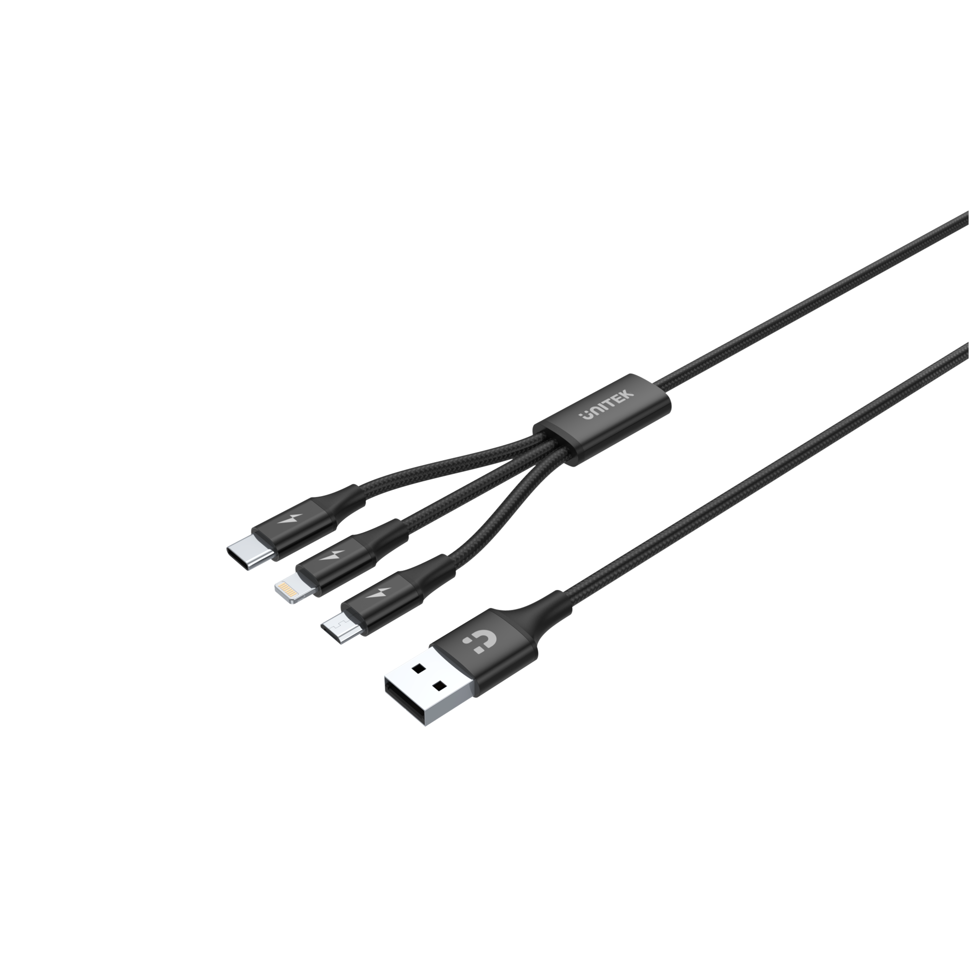 UNITEK_1.2m_USB_3-in-1_Charge_Cable._Integrated_USB-A_to_Micro-B,_Lightning_Connector_&_USB-C_Connector._Black_Colour. 271