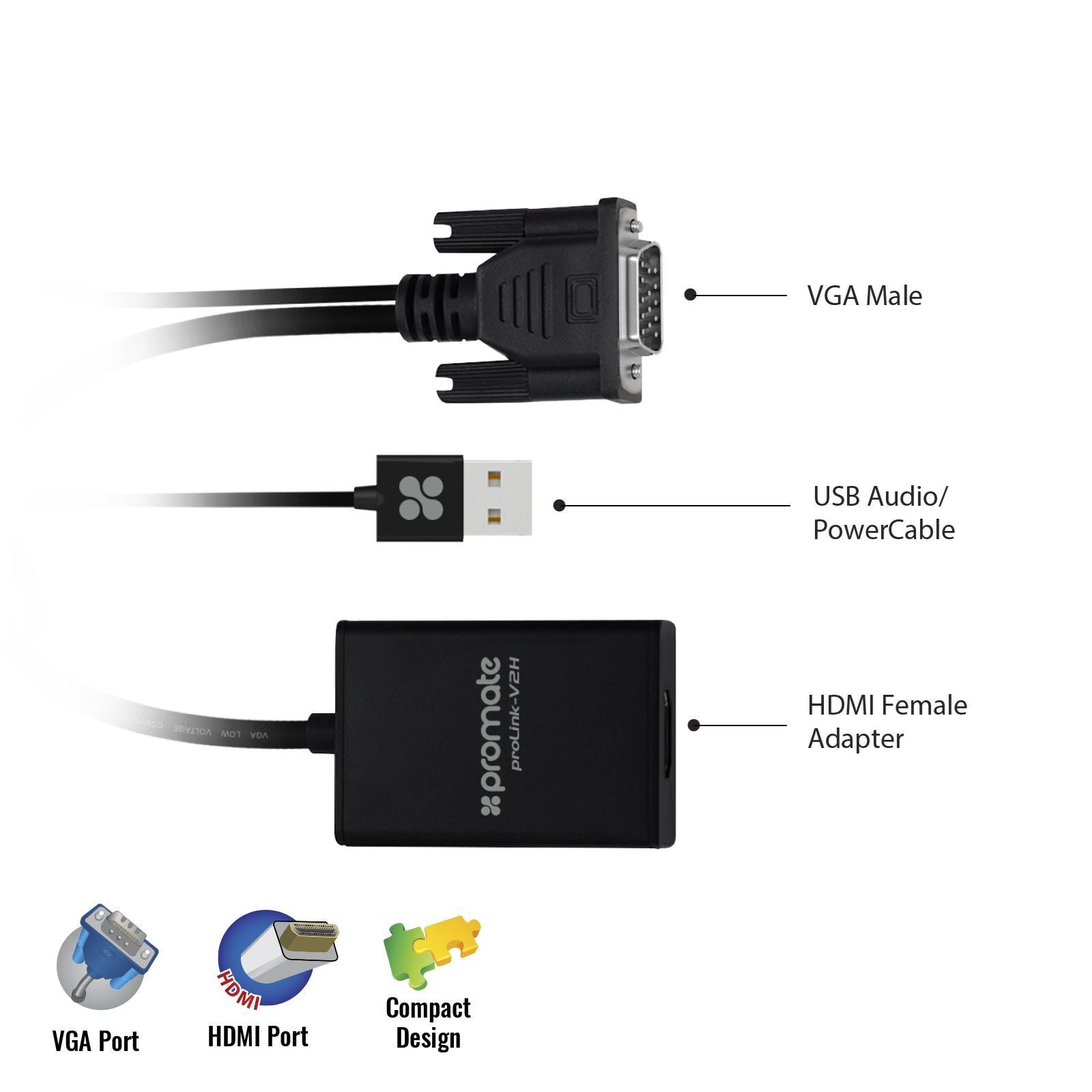 PROMATE_VGA_(Male)_to_HDMI_(Female)_Display_Adaptor_Kit_with_Audio._Supports_up_to_1920x1080@60Hz._Hassle-free_Setup_Plug-and-play._Supports_both_Windows_&_Mac._Black_Colour. 1725