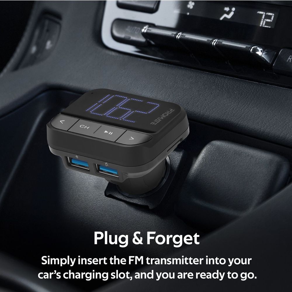 PROMATE_Wireless_In-Car_FM_Transmitter_with_Dual_USB-A_ports._Supports_Handsfree._Playback_from_USB,_MicroSD,_or_Flash_Drive._Remote_Control._LCD_Display._Easy_Plug-n-Play._Black_Colour. 3