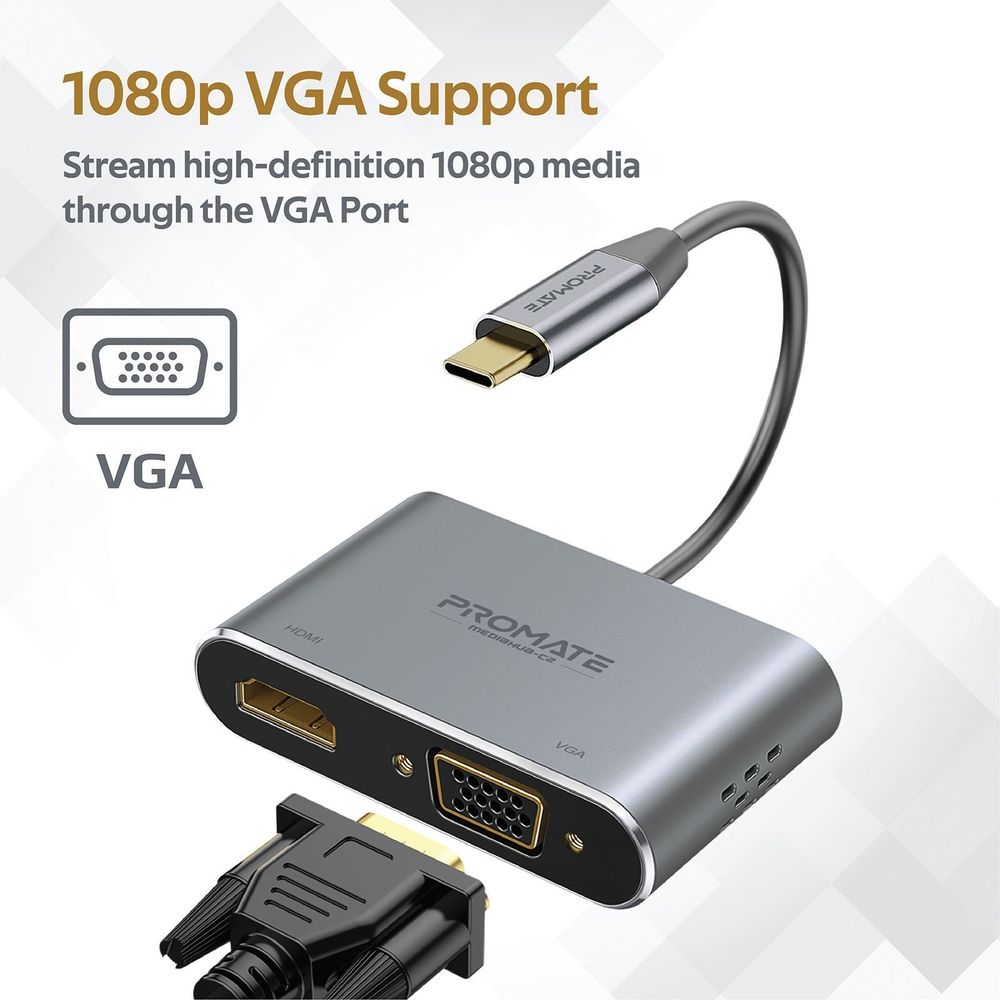 PROMATE USB-C Display Adapter with 4K UHD HDMI & 1080p VGA.