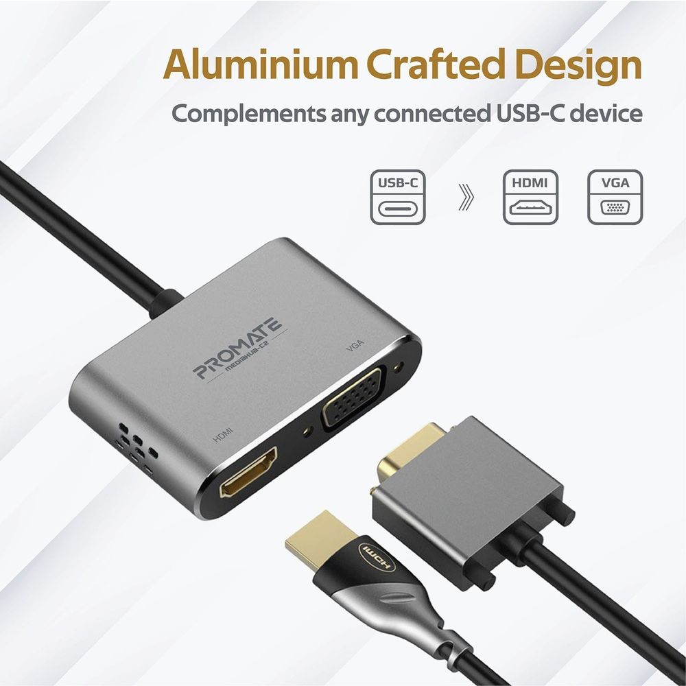 PROMATE USB-C Display Adapter with 4K UHD HDMI & 1080p VGA.