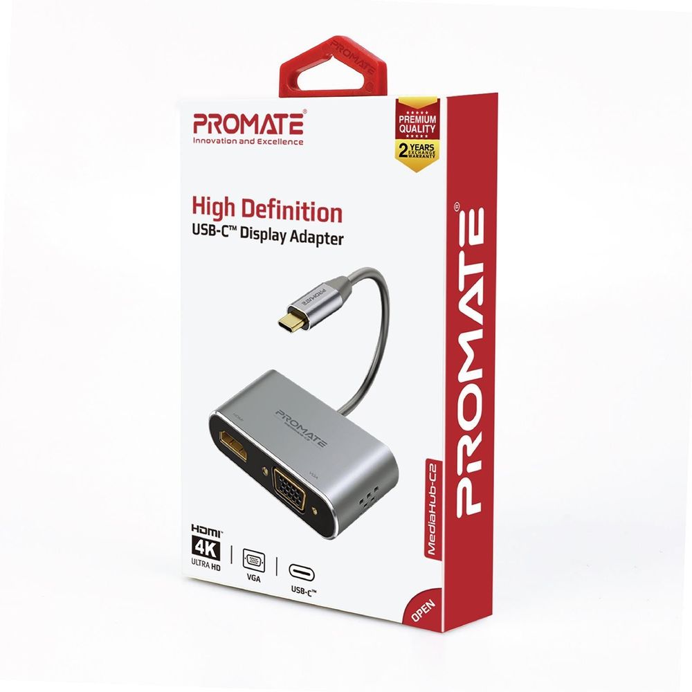 PROMATE USB-C Display Adapter with 4K UHD HDMI & 1080p VGA.