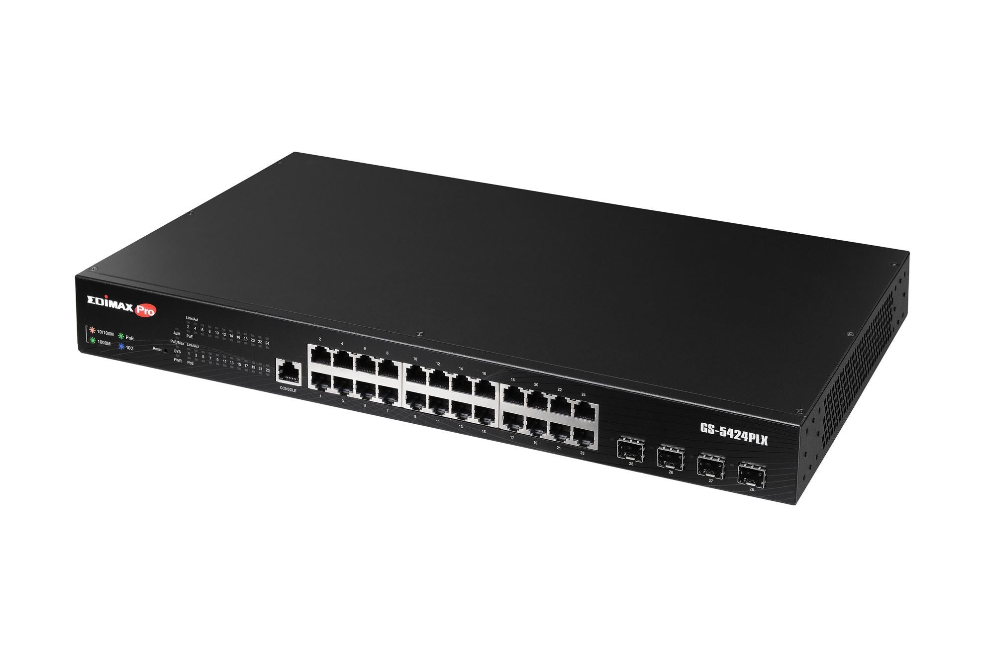 edimax 24 port gigabit poe+ web smart surveillance switch with 4 port 10gbe sfp+ uplinks. compliant with onvif. supports up to 30w per poe port (total power budget: 400w) long range up to 200m at 10mbps.  tech supply shed