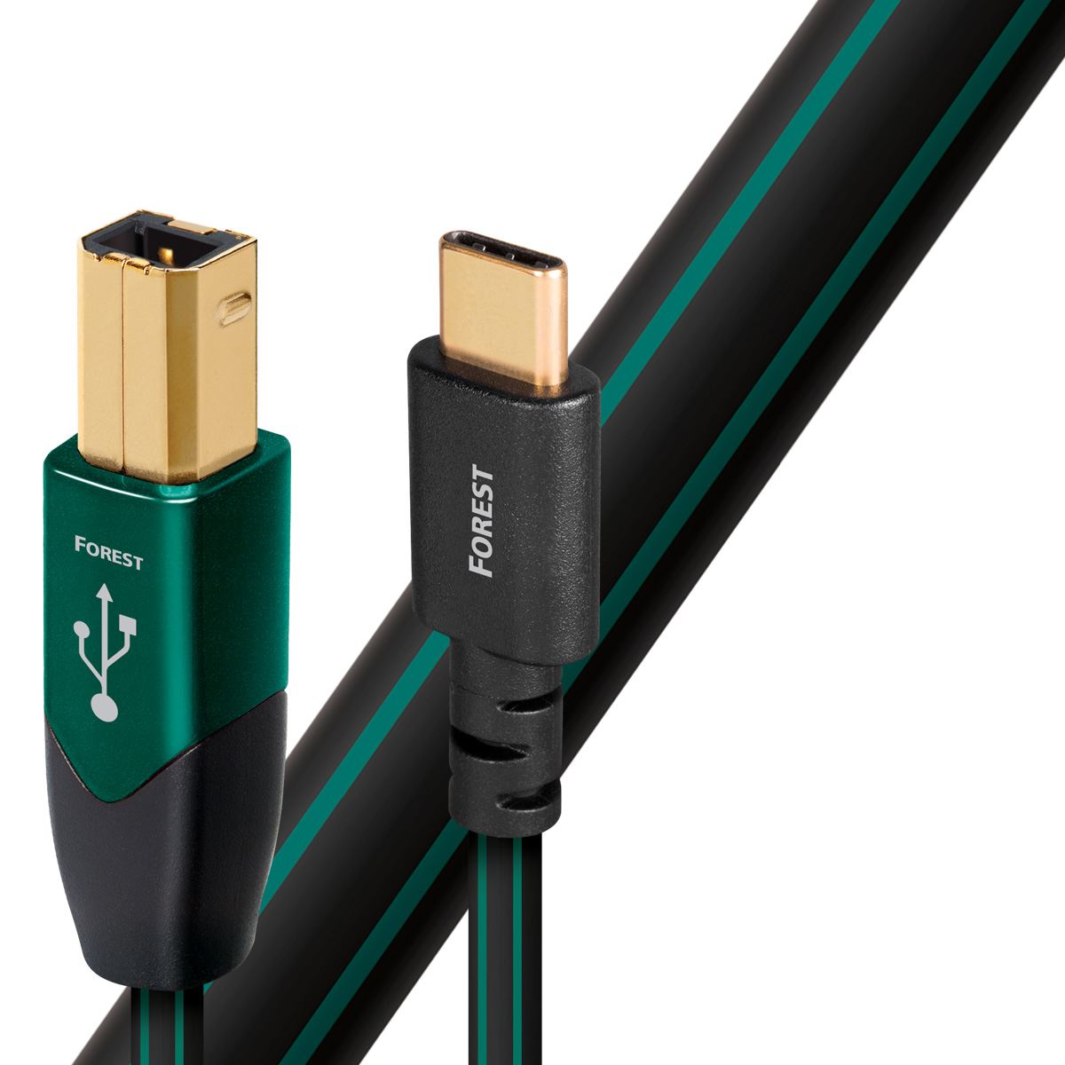 AUDIOQUEST_Forest_.75M_USB-B_to_USB-C._O.5%_silver._Hard-cell_foam._Metal-layer_noise_dissipation_Jacket_-_black_PVC_with_green_stripes. 1914