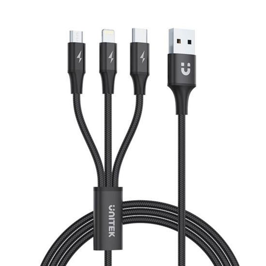 UNITEK_1.2m_USB_3-in-1_Charge_Cable._Integrated_USB-A_to_Micro-B,_Lightning_Connector_&_USB-C_Connector._Black_Colour. 270
