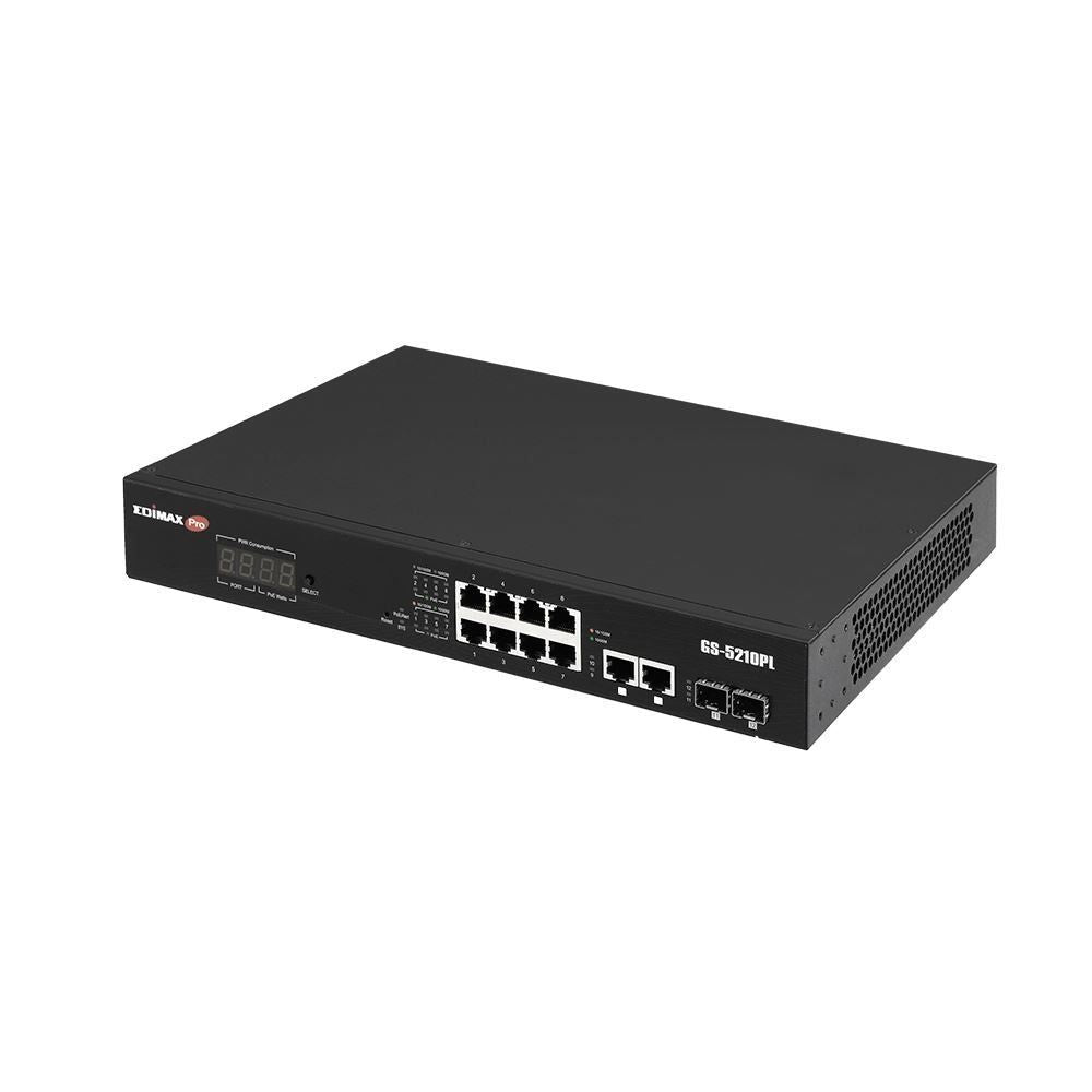 edimax 12-port surveillance long range gigabit poe+ web smart switch with 2 gigabit rj45 & 2 sfp ports. max power budget 110w. supports poe up to 200m. ieee 802.3af/at poe compliant. ip surveillance vlan  tech supply shed
