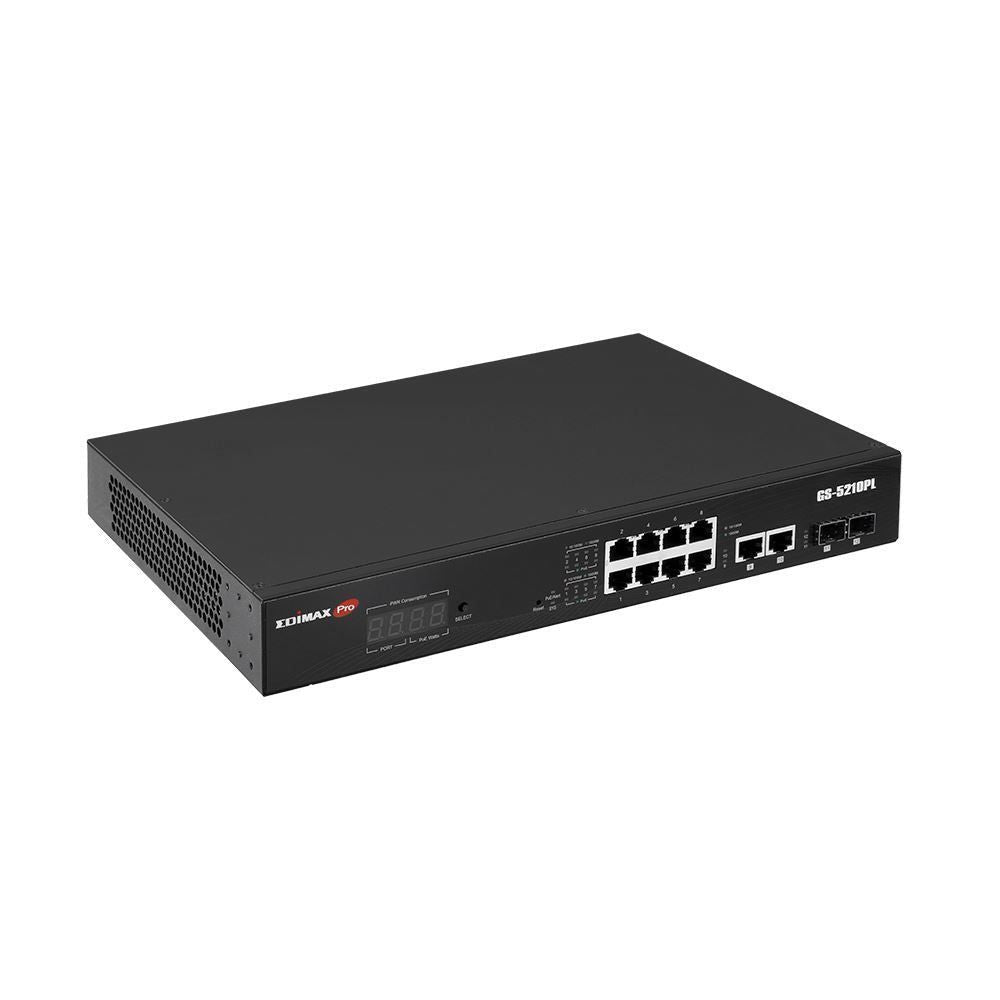 edimax 12-port surveillance long range gigabit poe+ web smart switch with 2 gigabit rj45 & 2 sfp ports. max power budget 110w. supports poe up to 200m. ieee 802.3af/at poe compliant. ip surveillance vlan  tech supply shed