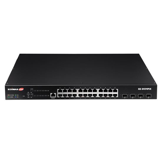 edimax 24 port gigabit poe+ web smart surveillance switch with 4 port 10gbe sfp+ uplinks. compliant with onvif. supports up to 30w per poe port (total power budget: 400w) long range up to 200m at 10mbps.  tech supply shed