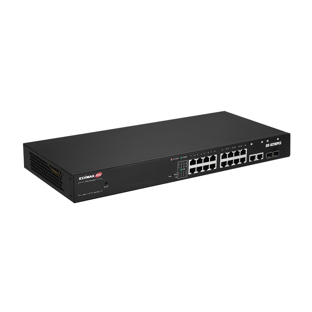 edimax 18-port surveillance long range gigabit poe+ web smart switch with 2 gigabit rj45 & 2 sfp ports. max power budget 280w. supports poe up to 200m. ieee 802.3af/at poe compliant. ip surveillance vlan  tech supply shed
