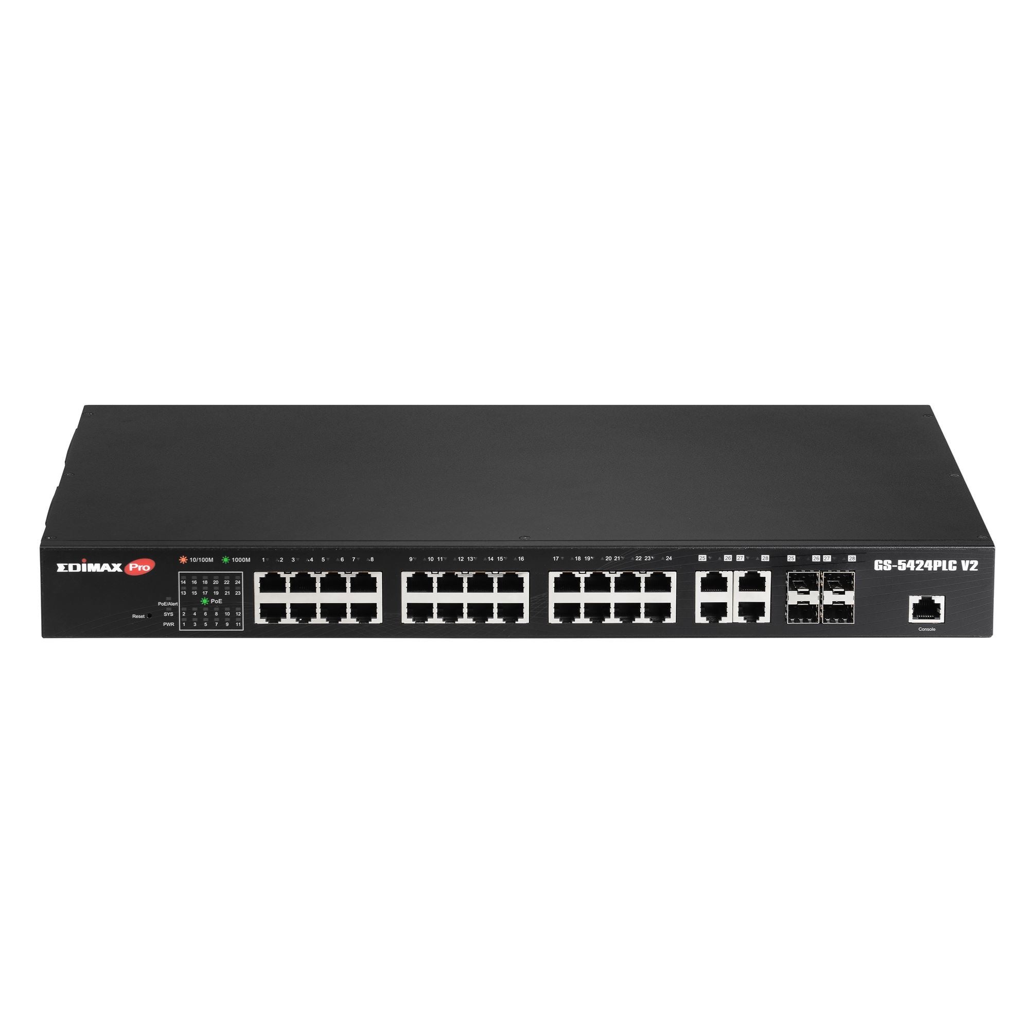 edimax 28-port surveillance long range gigabit poe+ web smart switch with 2 gigabit rj45 & 2 sfp ports. max power budget 400w. supports poe up to 200m. ieee 802.3af/at poe compliant. ip surveillance vlan  tech supply shed