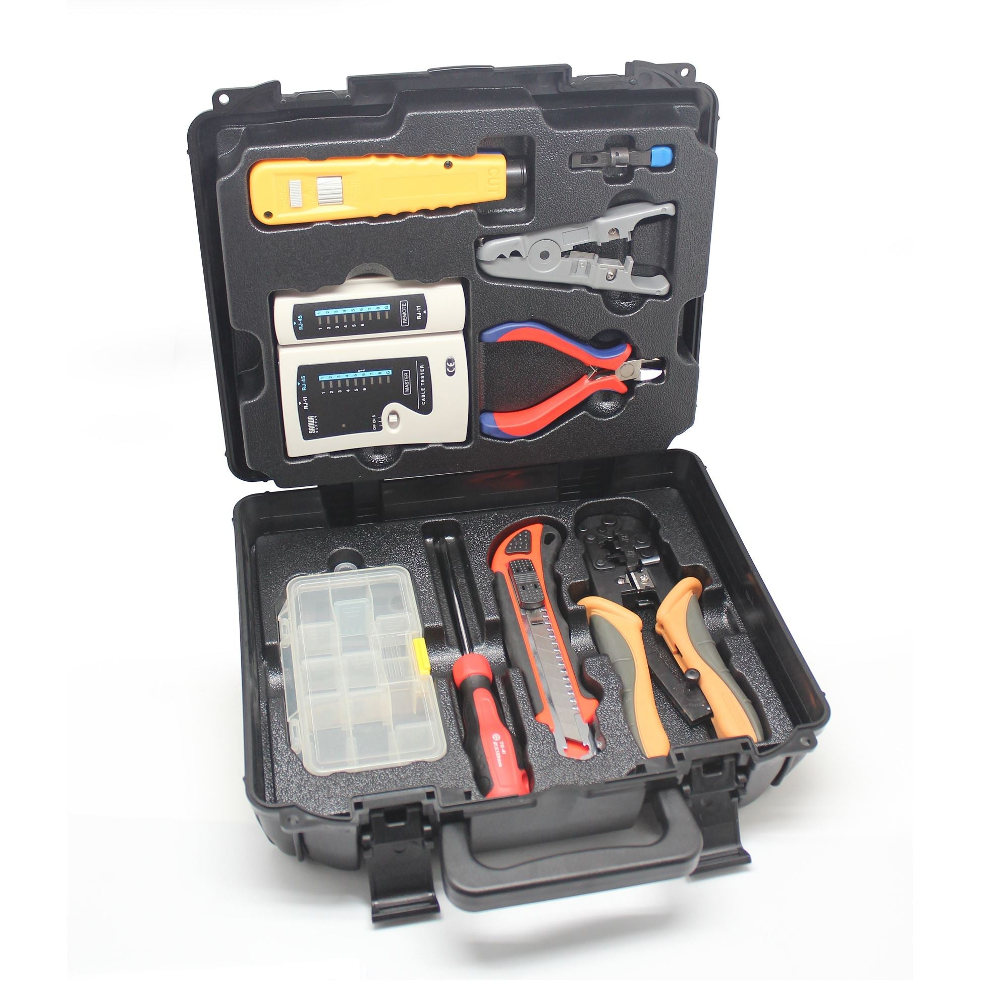 GOLDTOOL_9_Piece_LAN_Basic_Repair_Tool_Kit_with_Heavy_Duty_Plastic_Case._Includes_Punch_Down_Tool_LAN_Cable_Tester_Modular_Crimping_Tool_Stripper_&_Cutter_Diagonal_Cutter_Utility_Knife_&_Much_More