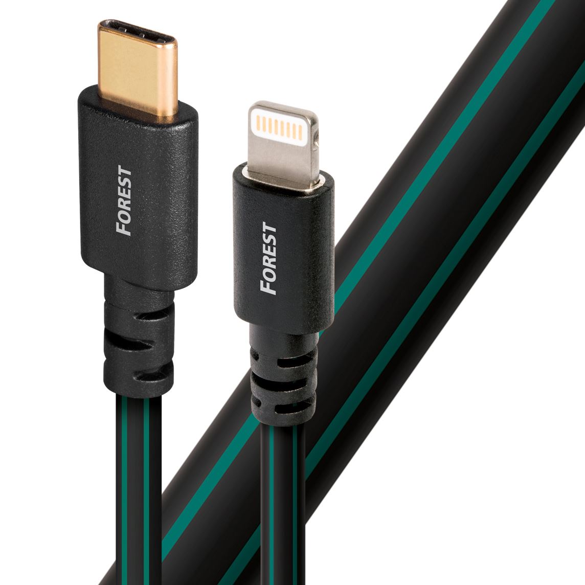 AUDIOQUEST_Forest_.75M_lightning_to_USB2C._O.5%_silver._Hard-cell_foam._Metal-layer_noise_dissipation_Jacket_-_black_PVC_with_green_stripes._0.75M_FOREST_LIGHTNING-USB_C 1483