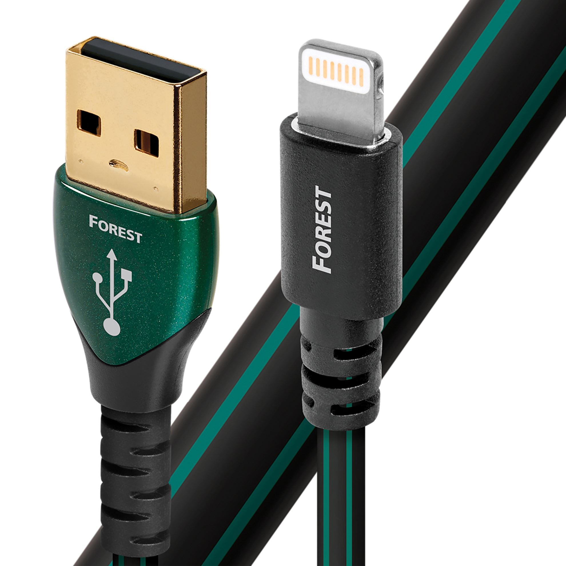 AUDIOQUEST_Forest_.75M_lightning_to_USB2A._O.5%_silver._Hard-cell_foam._Metal-layer_noise_dissipation_Jacket_-_black_PVC_with_green_stripes._0.75M_FOREST_LIGHTNING-USB 1485