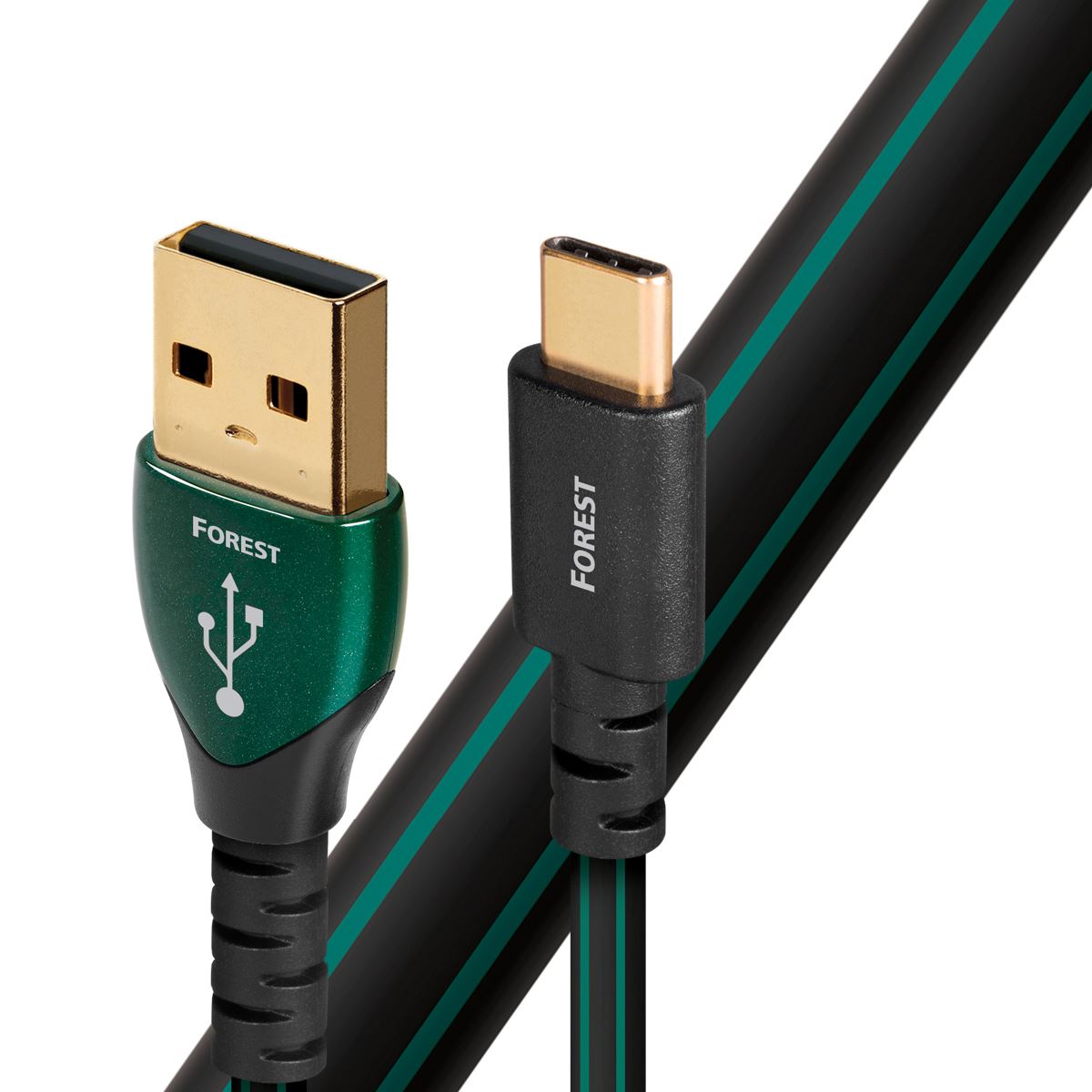 AUDIOQUEST_Forest_.75M_USB-A_to_USB-C._O.5%_silver._Hard-cell_foam._Metal-layer_noise_dissipation_Jacket_-_black_PVC_with_green_stripes. 1913