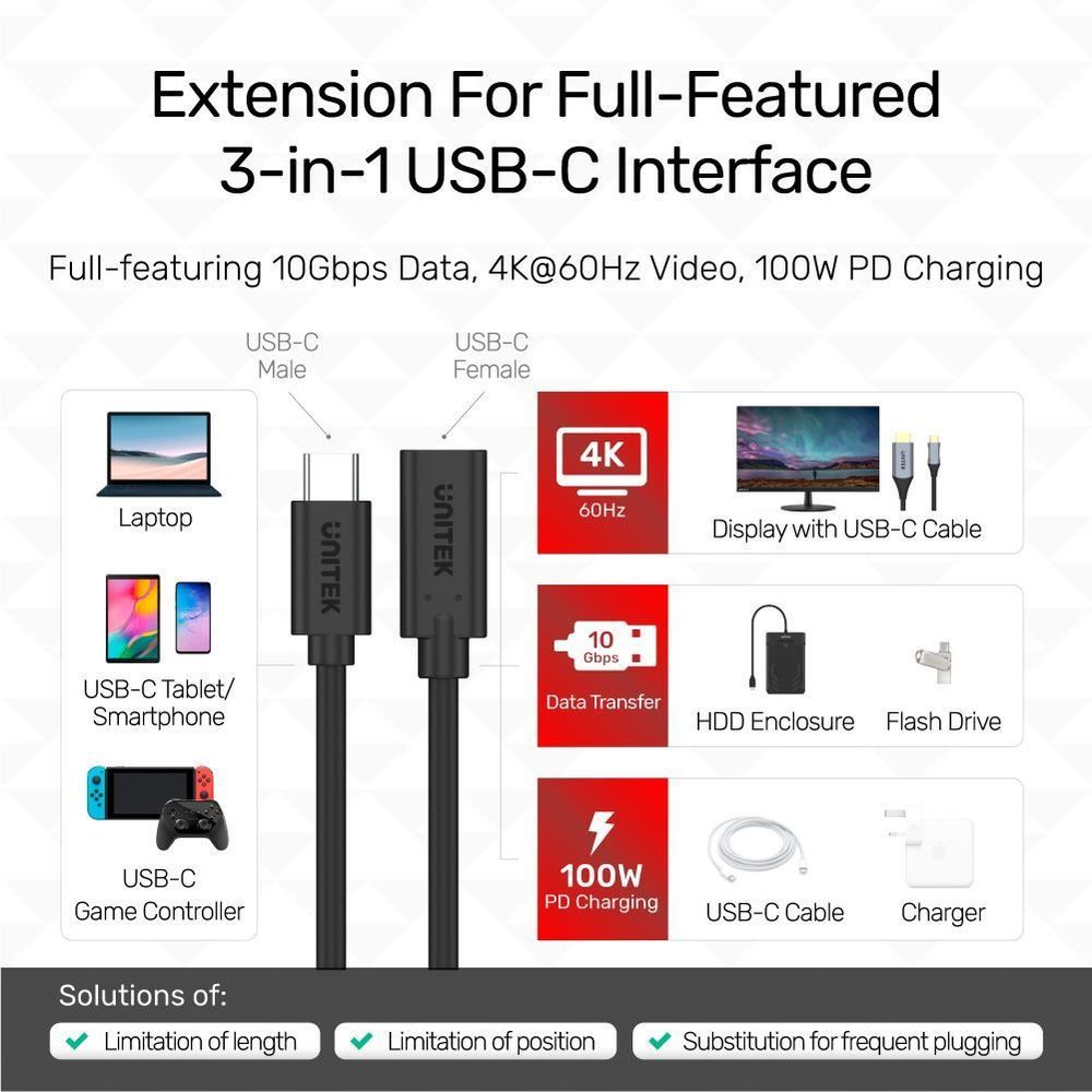 UNITEK_0.5m_USB_3.1_USB-C_Male_to_USB-C_Female_Extension_Cable._Supports_Data_Transfer_Speed_up_to_10Gbps._Reversible_USB-C_Connector._Supports_Power_Deliver,_Sync_&_Charge._Black_Colour. 286