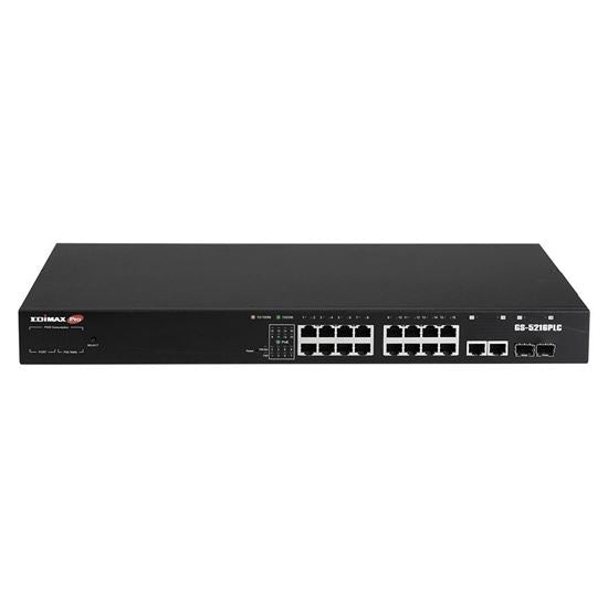 edimax 18-port surveillance long range gigabit poe+ web smart switch with 2 gigabit rj45 & 2 sfp ports. max power budget 280w. supports poe up to 200m. ieee 802.3af/at poe compliant. ip surveillance vlan  tech supply shed