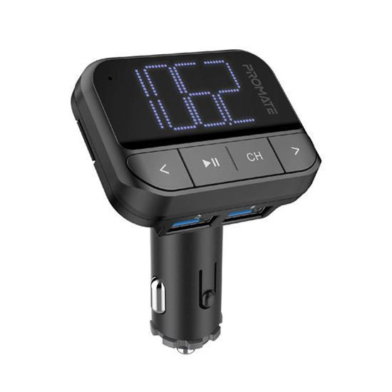 PROMATE_Wireless_In-Car_FM_Transmitter_with_Dual_USB-A_ports._Supports_Handsfree._Playback_from_USB,_MicroSD,_or_Flash_Drive._Remote_Control._LCD_Display._Easy_Plug-n-Play._Black_Colour. 2