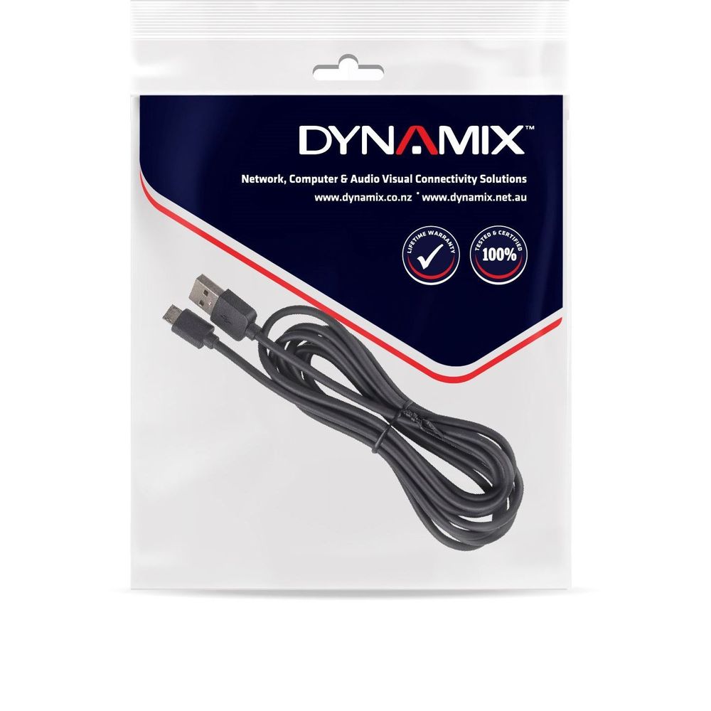 DYNAMIX 3m USB 2.0 Micro-B Male to USB-A Male Connectors.