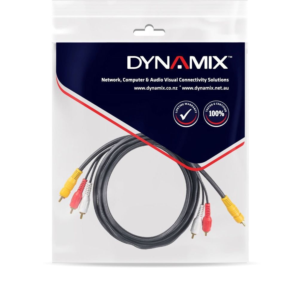 DYNAMIX 5m RCA Audio Video Cable, 7 to 3 RCA Plugs. Yellow RG59