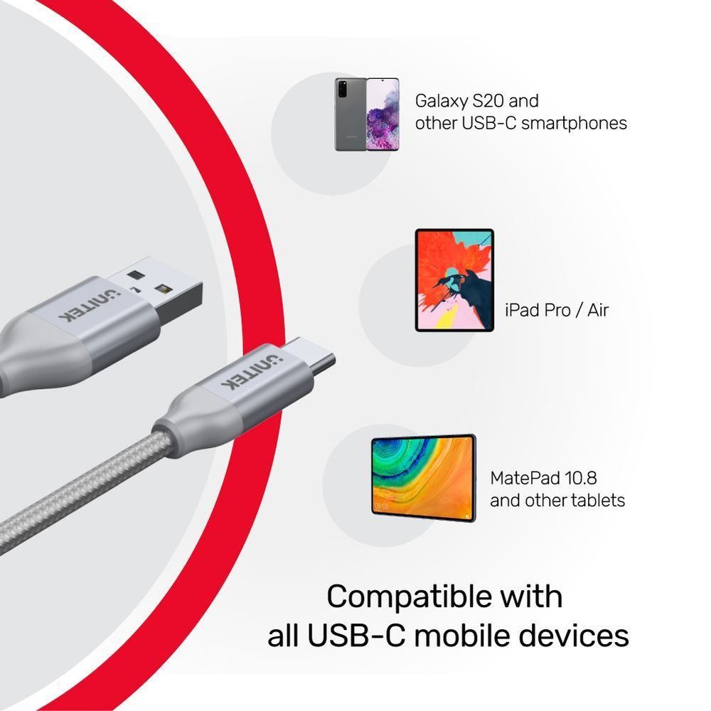 UNITEK_1m_USB-A_to_USB-C_Cable._USB_2.0_Data_Transfer_Rate_Up_to_480Mbps_,_Sync_and_Charging._Tangle_Free_High_Quality_Nylon_Braided_Coating._Silver_Colour 2170