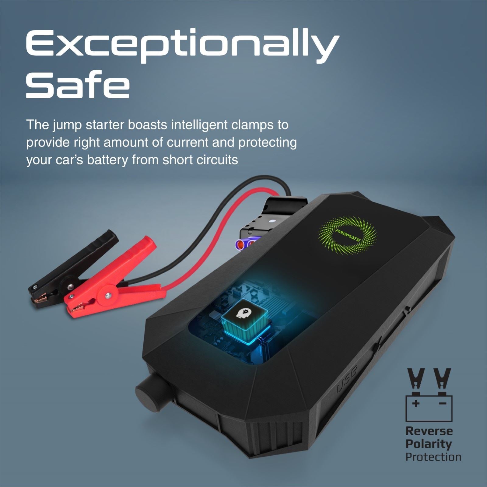 PROMATE_19000mAh_Jump_Starter_Power_Bank._1500A/12V_Peak_Current._Dual_Port,_LED_Flashlight,_Wireless_Charger_and_Safety_Hammer._Smart_Clamps_for_Short_Circuit_Protection_LED_Indicators. 197