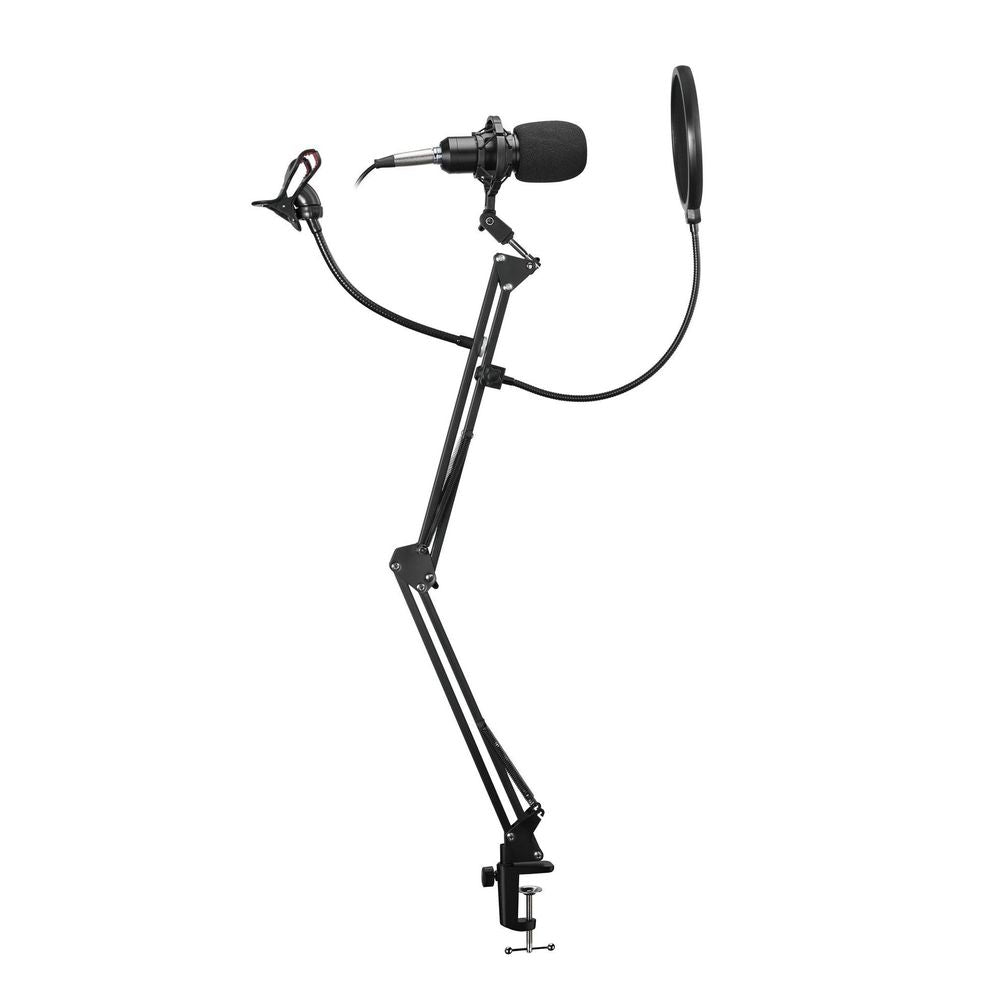 BRATECK_Podcasting_Microphone_with_Clamp-on_Table_Mount,_Windshield,_&_Phone_Holder._72cm_Boom_Arm,_XRL_Female_to_3.5mm,_Microphone_Cable_2.5m/8.2_ft,_Dual_Suspension_Springs,_Sturdy_Steel_Construction.