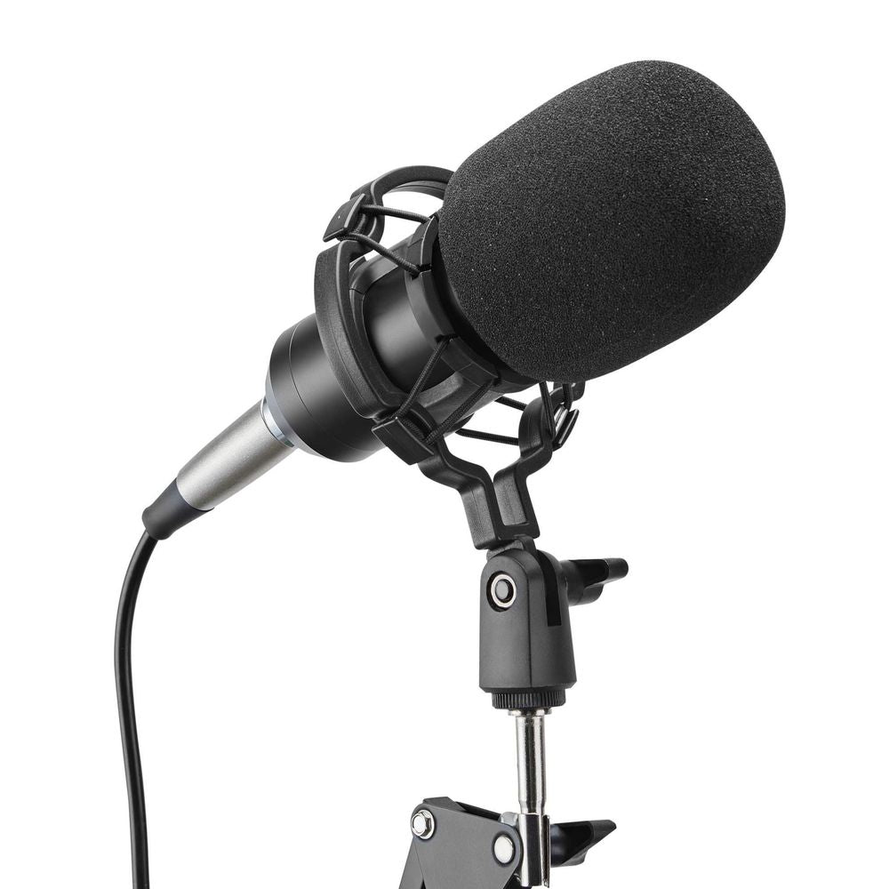 BRATECK_Podcasting_Microphone_with_Clamp-on_Table_Mount,_Windshield,_&_Phone_Holder._72cm_Boom_Arm,_XRL_Female_to_3.5mm,_Microphone_Cable_2.5m/8.2_ft,_Dual_Suspension_Springs,_Sturdy_Steel_Construction.