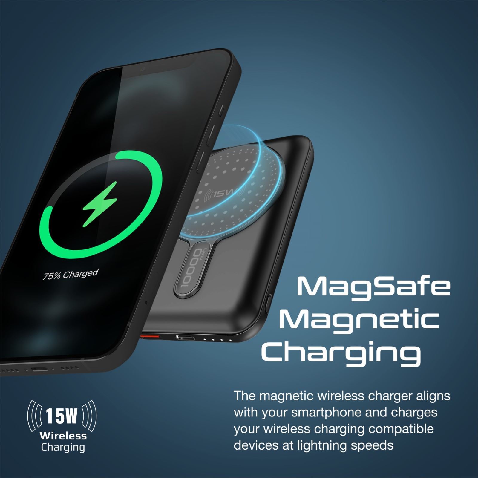 PROMATE 10000mAh Magnetic Qi 15W Wireless Charging Power Bank. USB-C