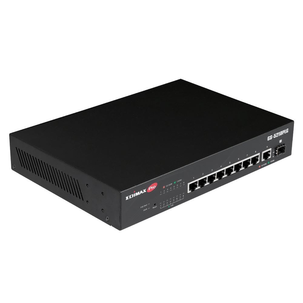 edimax 10-port gigabit poe+ web smart switch with 1x sfp port. supports poe+ up to 30w. long range poe up to 200m. powered device auto detection. supports 20gbps switching capacity. rack mount  tech supply shed