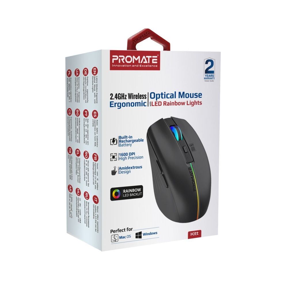 promate ergonomic wireless optical mouse with led rainbow lights & tech supply shed