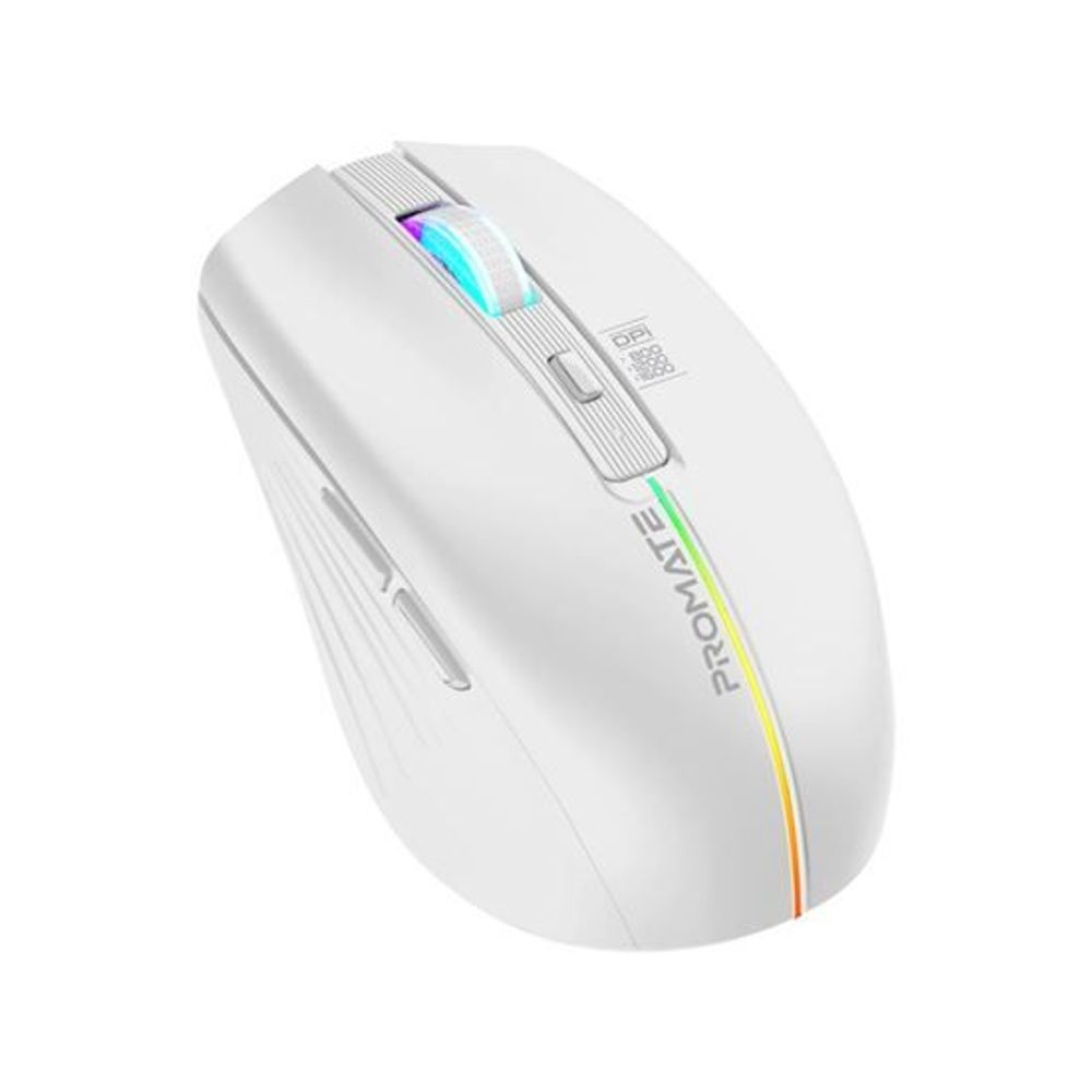 PROMATE Ergonomic Wireless Optical Mouse with LED Rainbow Lights. Colour Options White