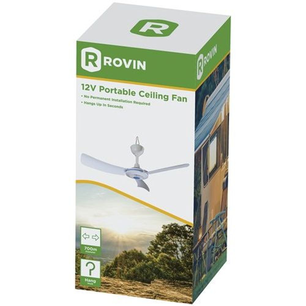 Rovin 12V portable ceiling fan retail box with product image