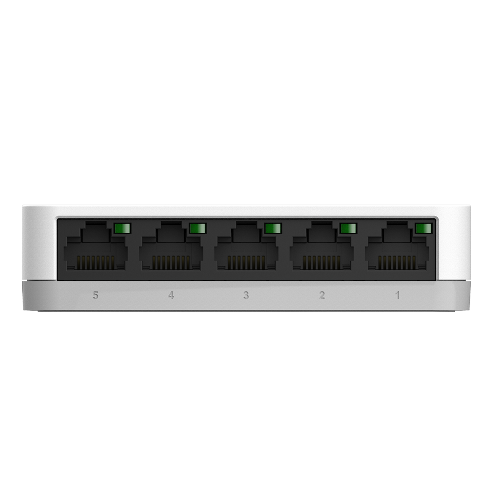 White D-Link 5-port gigabit switch front ports with five link lights