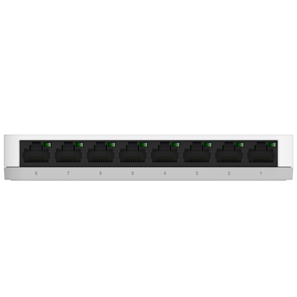 Front view of white 8-port gigabit desktop switch with eight RJ-45 ports