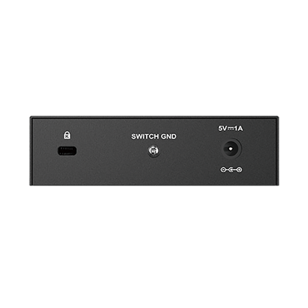 D-Link gigabit desktop switch rear panel with SW GND and 5V power input