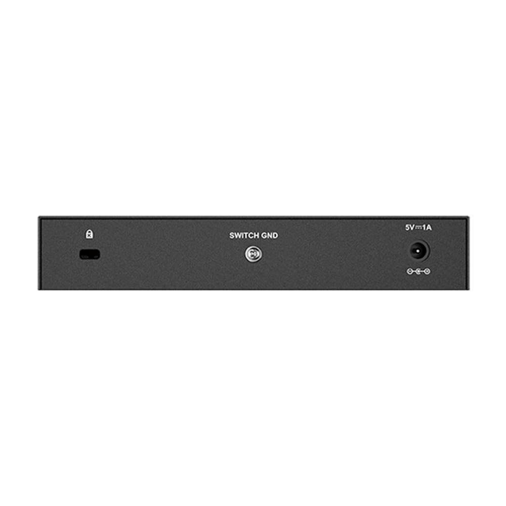 Metal 8-port gigabit desktop switch rear panel with power and Switch GND labels