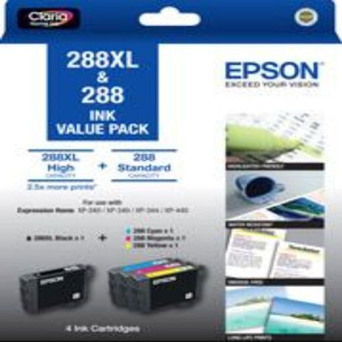 epson 288xl bk + 288 c/m/y 4 ink cartridge value pack tech supply shed