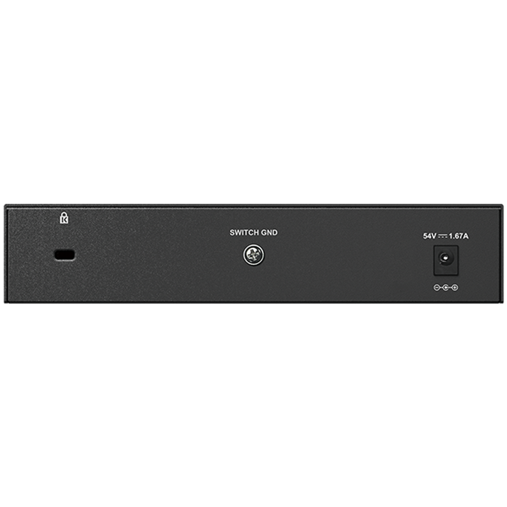 D-Link PoE+ gigabit switch rear panel with switch GND and power connector, dark gray