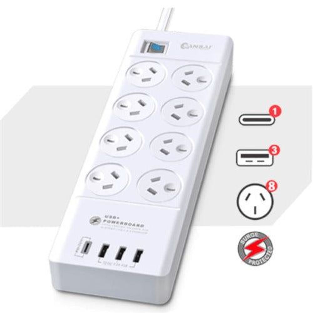 Sansai 8 Way Surge Powerboard with 3x USB & 1x USB-C