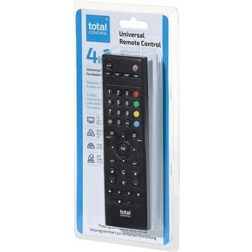 Universal remote control in blister packaging labeled 4-in-1 total control