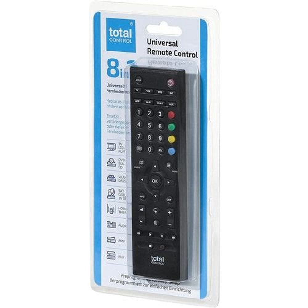 Universal remote control blister pack with Total Control branding and 8-device label