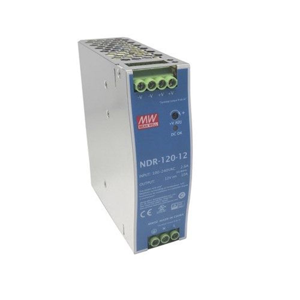 Mean Well rail-mount switch-mode power supply, gray case with green 12V terminal block