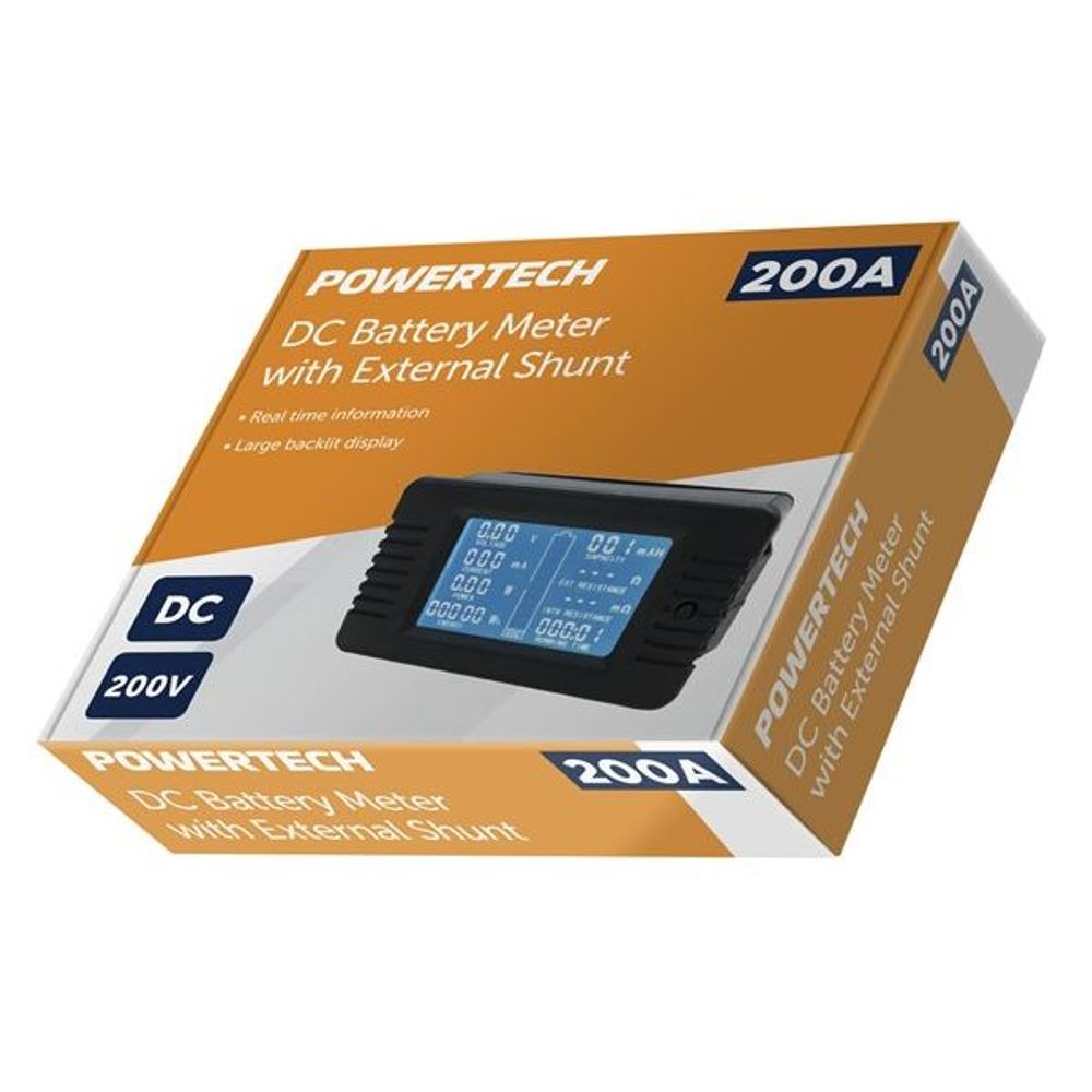 Retail box for DC battery meter with external shunt, rated 200A and 200V