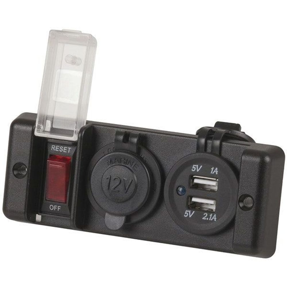 Switched 12V power socket with USB ports (5V 1A, 5V 2.1A) and reset/off switch