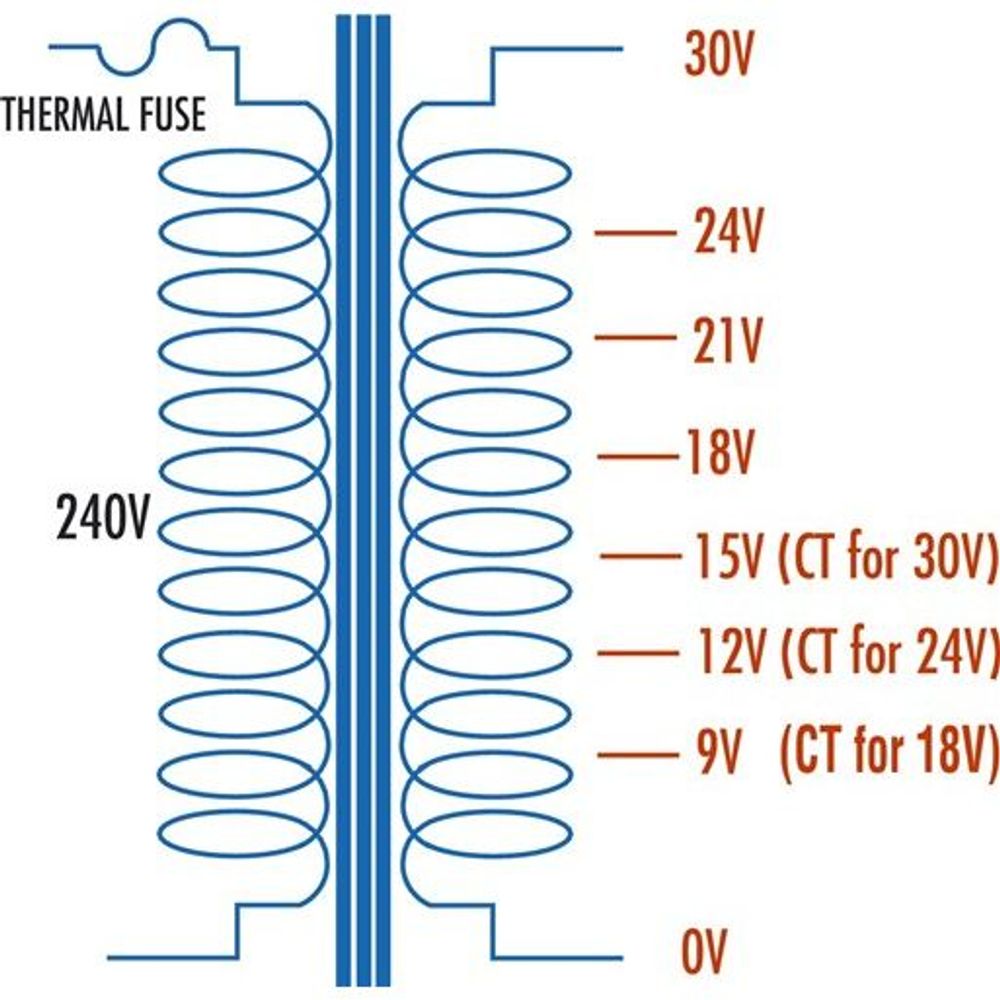 Schematic of multi-tapped transformer taps: 30V, 24V, 21V, 18V, 15V, 12V, 9V